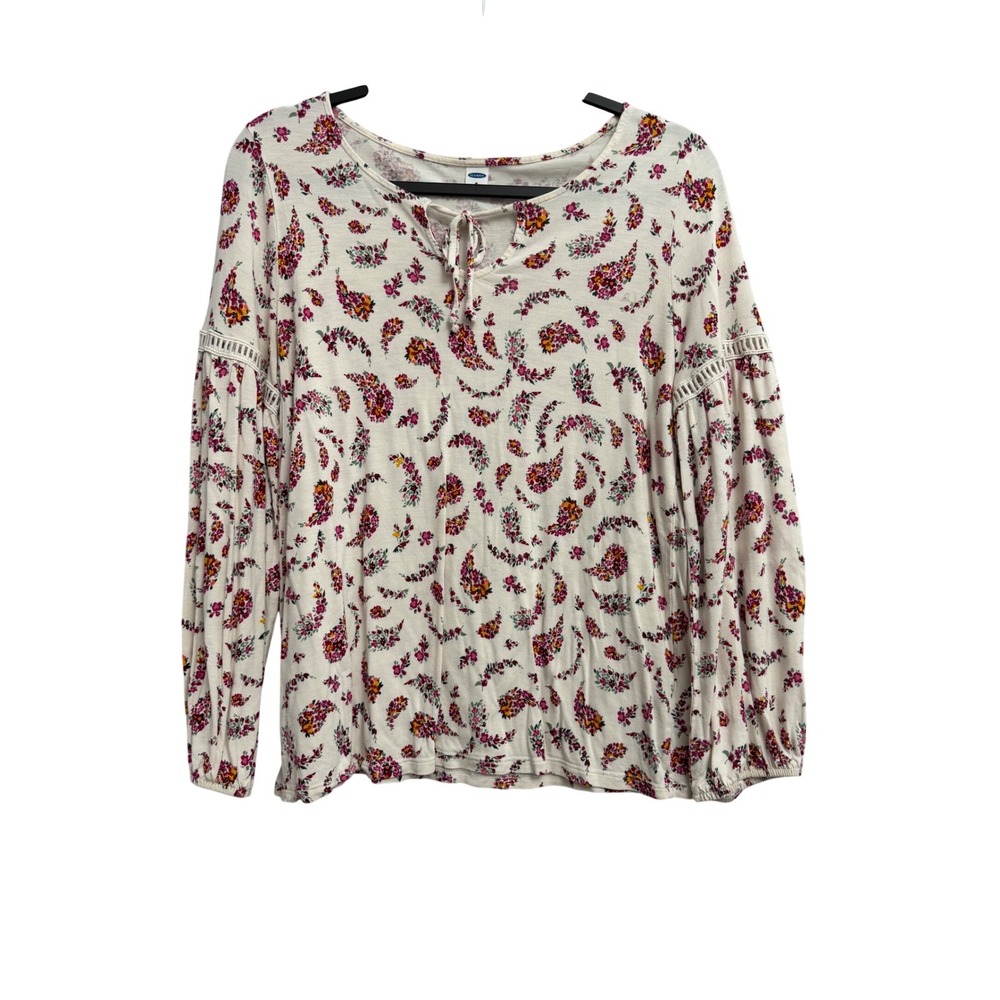 Old Navy Womens‎ Medium Floral Paisley Boho Blouse Tie Neck Balloon Sleeve Cream